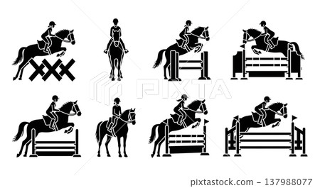 Black Solid Equestrian Showjumping Silhouettes Set of Six on White Background 137988077