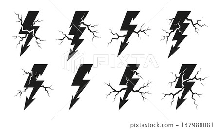 Black Solid Erratic Lightning Silhouettes Set of Six on White Background Black Solid Erratic Lightning Silhouettes Set of Six on White Background 137988081
