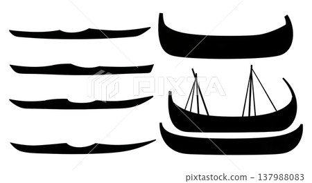 Black Solid Traditional Eskimo Kayaks and Umiaks Silhouettes Set of Six on White Background Black Solid Traditional Eskimo Kayaks and Umiaks Silhouettes Set of Six on White Background 137988083