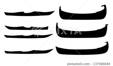Black Solid Traditional Eskimo Kayaks and Umiaks Silhouettes Set of Six on White Background Black Solid Traditional Eskimo Kayaks and Umiaks Silhouettes Set of Six on White Background 137988084