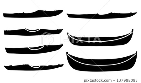 Black Solid Traditional Eskimo Kayaks and Umiaks Silhouettes Set of Six on White Background Black Solid Traditional Eskimo Kayaks and Umiaks Silhouettes Set of Six on White Background 137988085