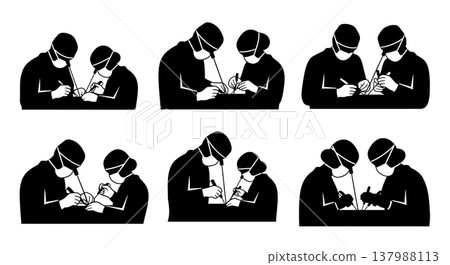 Black Solid Eye Surgeon Silhouettes Set of Six on White Background Black Solid Eye Surgeon Silhouettes Set of Six on White Background 137988113