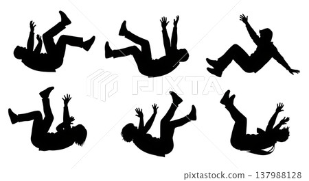 Black Solid Falling People Silhouettes Set of Six on White Background Black Solid Falling People Silhouettes Set of Six on White Background 137988128