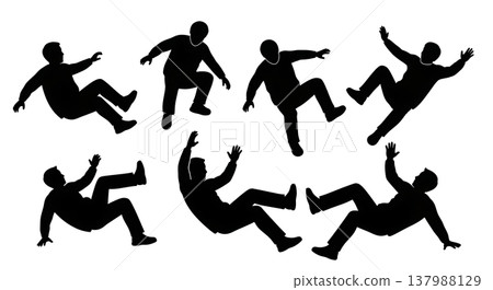 Black Solid Falling People Silhouettes Set of Six on White Background Black Solid Falling People Silhouettes Set of Six on White Background 137988129
