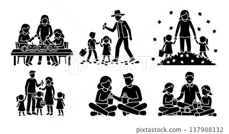 Black Solid Family in Autumn Activities Silhouette Scenes Set of Six 137988132