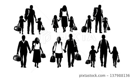 Black Solid Family Travel Silhouettes Set of Six on White Background 137988136