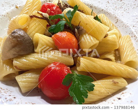Rotini pasta with meat, mushrooms and tomatoes 137988146