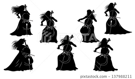 Black Solid Female Cellist Silhouettes Set of Six on White Background Black Solid Female Cellist Silhouettes Set of Six on White Background 137988211