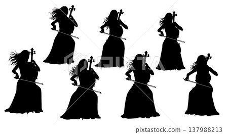 Black Solid Female Cellist Silhouettes Set of Six on White Background Black Solid Female Cellist Silhouettes Set of Six on White Background 137988213