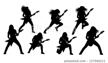 Black Solid Female Guitarist Silhouettes Set of Six on White Background Black Solid Female Guitarist Silhouettes Set of Six on White Background 137988221