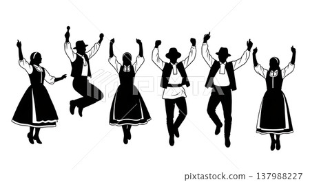Black Solid Festive Folk Silhouettes Set of Six on White Background Black Solid Festive Folk Silhouettes Set of Six on White Background 137988227
