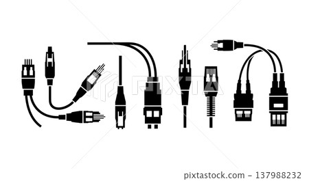 Black Solid Fiber Optic Silhouettes Set of Six on White Background Black Solid Fiber Optic Silhouettes Set of Six on White Background 137988232