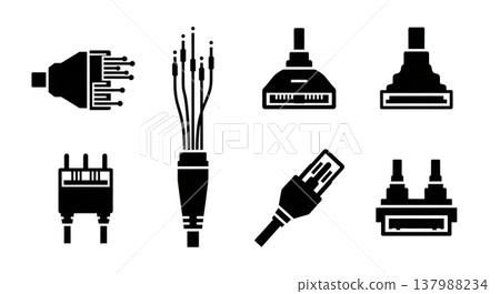 Black Solid Fiber Optic Silhouettes Set of Six on White Background Black Solid Fiber Optic Silhouettes Set of Six on White Background 137988234