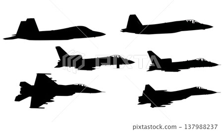 Black Solid Modern Fighter Jets and Military Aircraft Silhouettes Set of Six on White Background Black Solid Modern Fighter Jets and Military Aircraft Silhouettes Set of Six on White Background 137988237