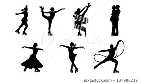 Black Solid Figure Skaters Silhouettes Set of Six on White Background Black Solid Figure Skaters Silhouettes Set of Six on White Background 137988239