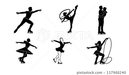 Black Solid Figure Skaters Silhouettes Set of Six on White Background Black Solid Figure Skaters Silhouettes Set of Six on White Background 137988240