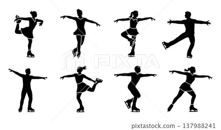 Black Solid Figure Skaters Silhouettes Set of Six on White Background 137988241