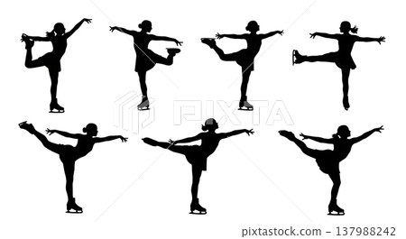 Black Solid Figure Skating Silhouettes Set of Six on White Background Black Solid Figure Skating Silhouettes Set of Six on White Background 137988242