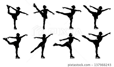 Black Solid Figure Skating Silhouettes Set of Six on White Background 137988243