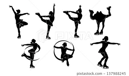 Black Solid Figure Skating Silhouettes Set of Six on White Background Black Solid Figure Skating Silhouettes Set of Six on White Background 137988245