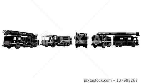 Black Solid Fire Trucks and Emergency Vehicles Silhouettes Set of Six on White Background 137988262