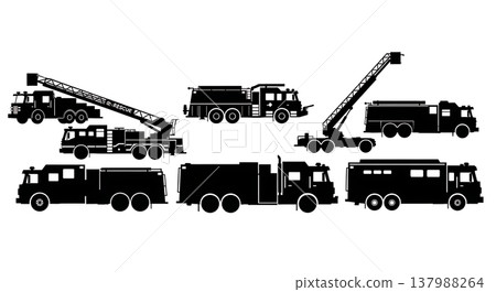 Black Solid Fire Trucks and Emergency Vehicles Silhouettes Set of Six on White Background 137988264
