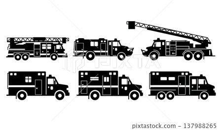 Black Solid Fire Trucks and Emergency Vehicles Silhouettes Set of Six on White Background Black Solid Fire Trucks and Emergency Vehicles Silhouettes Set of Six on White Background 137988265