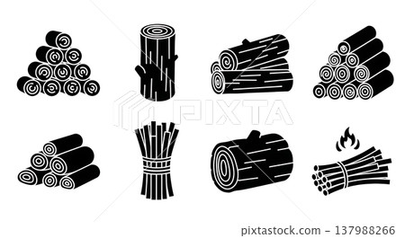 Black Solid Firewood and Kindling Silhouette Icon Collection 137988266