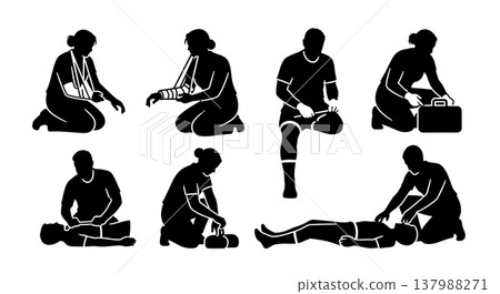Black Solid First Aid Silhouettes Set of Six on White Background 137988271