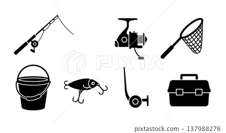 Black Solid Fishing Gear Silhouettes Set of Six on White Background Black Solid Fishing Gear Silhouettes Set of Six on White Background 137988276