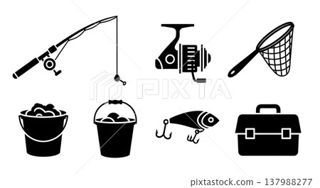 Black Solid Fishing Gear Silhouettes Set of Six on White Background Black Solid Fishing Gear Silhouettes Set of Six on White Background 137988277