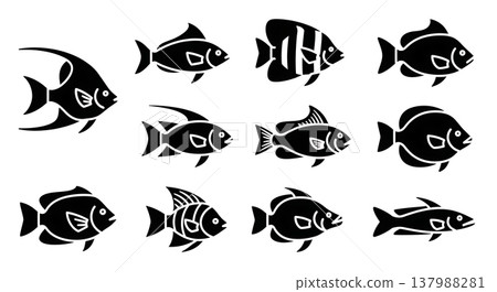 Black Solid Fish Types Silhouettes Set of Six on White Background Black Solid Fish Types Silhouettes Set of Six on White Background 137988281