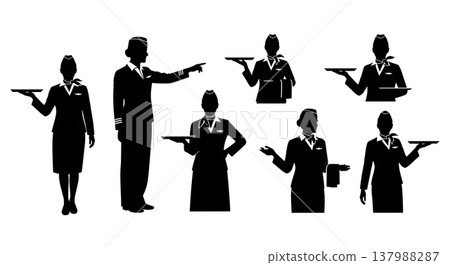Black Solid Flight Attendant Silhouettes Set of Six on White Background Black Solid Flight Attendant Silhouettes Set of Six on White Background 137988287