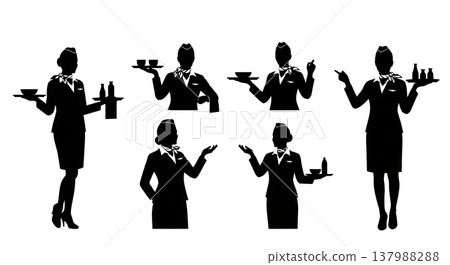 Black Solid Flight Attendant Silhouettes Set of Six on White Background Black Solid Flight Attendant Silhouettes Set of Six on White Background 137988288