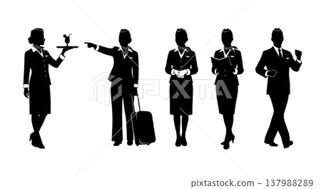 Black Solid Flight Attendant Silhouettes Set of Six on White Background Black Solid Flight Attendant Silhouettes Set of Six on White Background 137988289