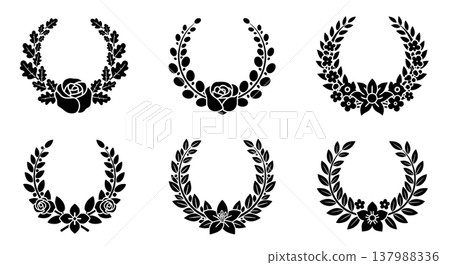 Set of Six Black Solid Floral Wreath and Laurel Silhouettes 137988336
