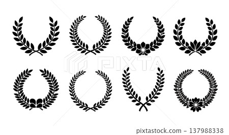 Set of Six Black Solid Floral Wreath and Laurel Silhouettes 137988338