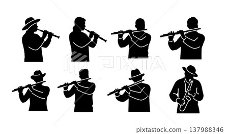 Black Solid Flutist Silhouettes Set of Six on White Background 137988346