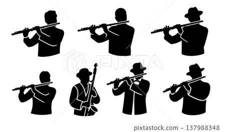 Black Solid Flutist Silhouettes Set of Six on White Background 137988348
