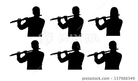 Black Solid Flutist Silhouettes Set of Six on White Background 137988349