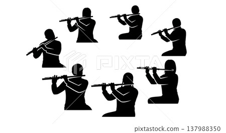 Black Solid Sitting Flutist Silhouettes Set of Six on White Background 137988350