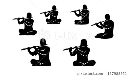Black Solid Sitting Flutist Silhouettes Set of Six on White Background Black Solid Sitting Flutist Silhouettes Set of Six on White Background 137988351