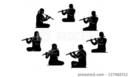 Black Solid Sitting Flutist Silhouettes Set of Six on White Background Black Solid Sitting Flutist Silhouettes Set of Six on White Background 137988352