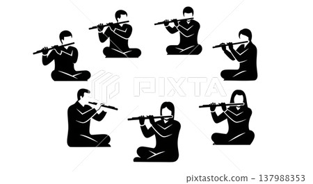 Black Solid Sitting Flutist Silhouettes Set of Six on White Background Black Solid Sitting Flutist Silhouettes Set of Six on White Background 137988353