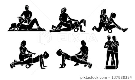Black Solid Foam Roller Therapy Silhouettes Set of Six on White Background Black Solid Foam Roller Therapy Silhouettes Set of Six on White Background 137988354