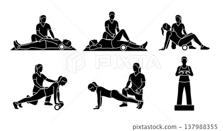 Black Solid Foam Roller Therapy Silhouettes Set of Six on White Background 137988355
