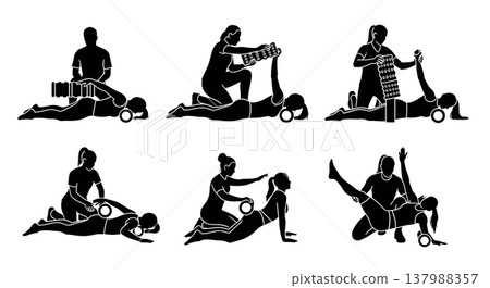 Black Solid Foam Roller Therapy Silhouettes Set of Six on White Background 137988357