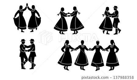 Black Solid Folk Dancer Silhouettes Set of Six on White Background 137988358