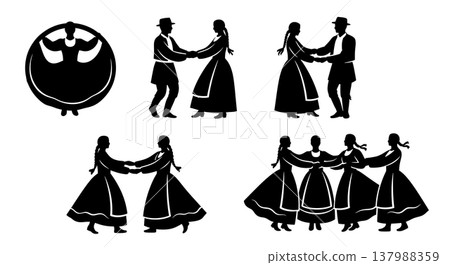 Black Solid Folk Dancer Silhouettes Set of Six on White Background 137988359