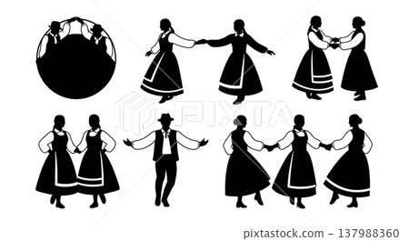 Black Solid Folk Dancer Silhouettes Set of Six on White Background Black Solid Folk Dancer Silhouettes Set of Six on White Background 137988360